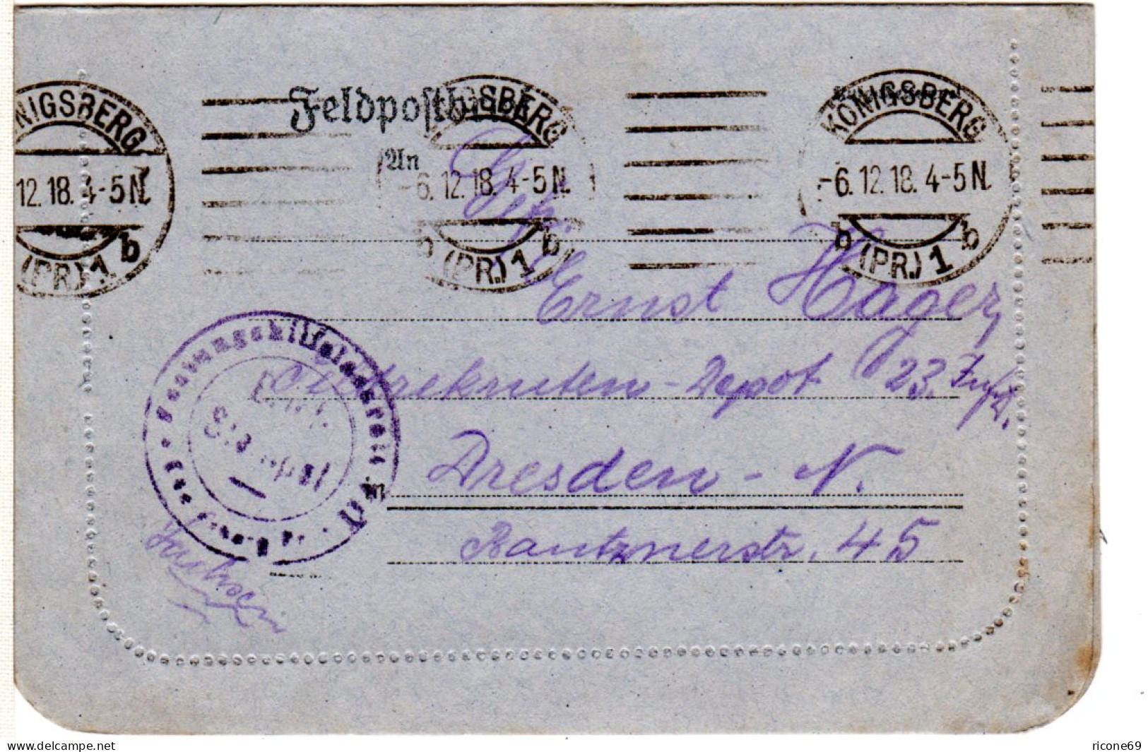 DR FP WK I, 1918, FP Kartenbrief Aus Dem Festungshilfslazarett Königsberg - Feldpost (postage Free)