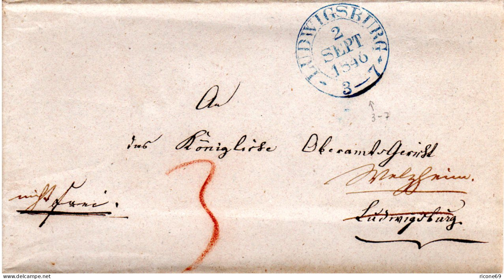Württemberg 1846, Welzheim U. Ludwigsburg In Blau Auf 2mal Verwendetem Faltbrief - Prephilately