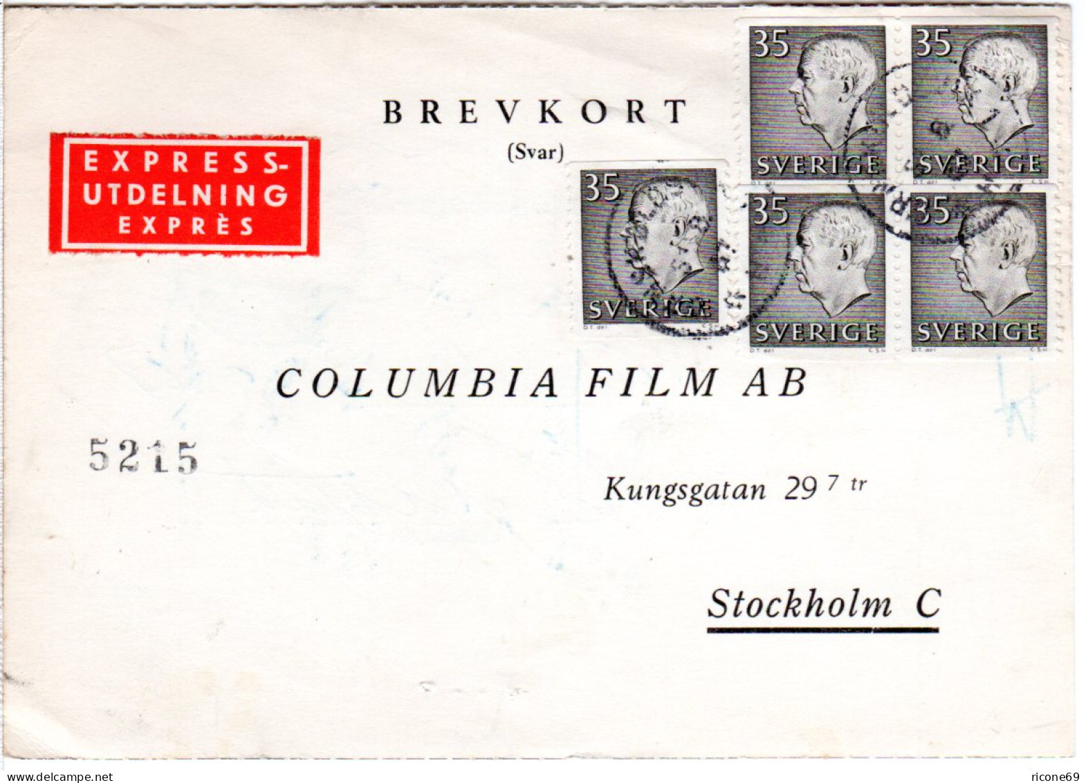 Schweden 1947, MeF 5x35 öre Auf Express-Karte V. Örnsköldsvik 1 - Storia Postale