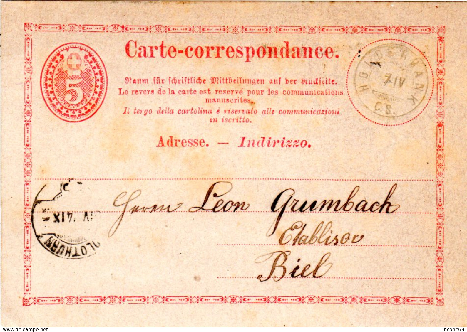 Schweiz 1874, Zwerg Stpl. Holderbank C.S. Auf 5 C. Ganzsache N. Biel. - Andere & Zonder Classificatie