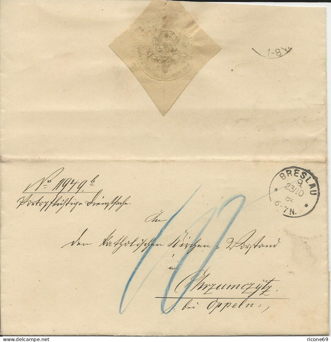 DR 1884, K1 Breslau Auf Portopflichtige Dienstsache Brief M. Porto "10" Pf. - Briefe U. Dokumente