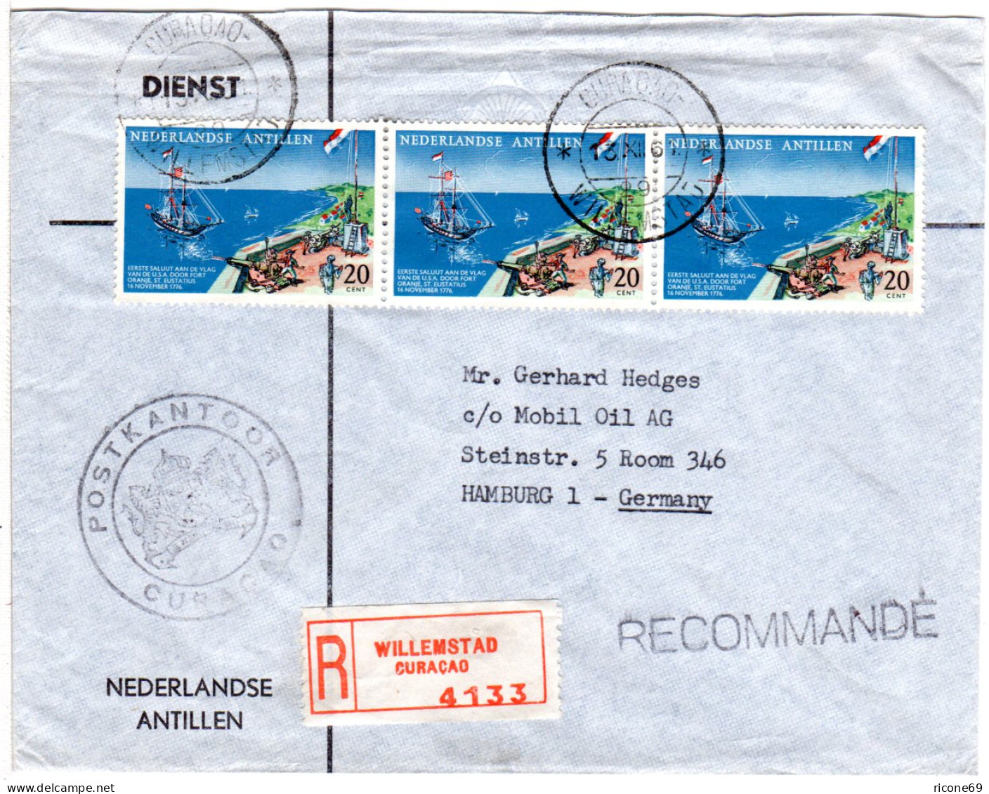NL Antillen 1961, MeF 3x 20 C. Segelschiff / Kanone Auf Reko Brief V. Willemstad - Autres - Amérique