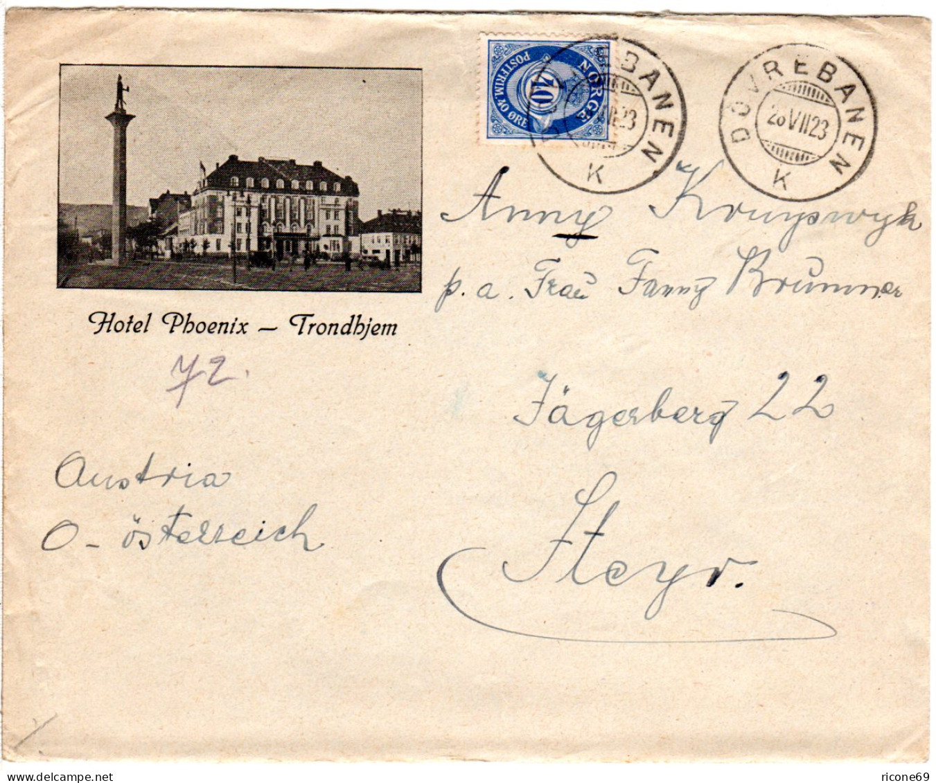 Norwegen 1823, 40 öre Auf Hotel-Brief M. Bahnpoststpl. V. Trondheim N. Ungarn  - Storia Postale