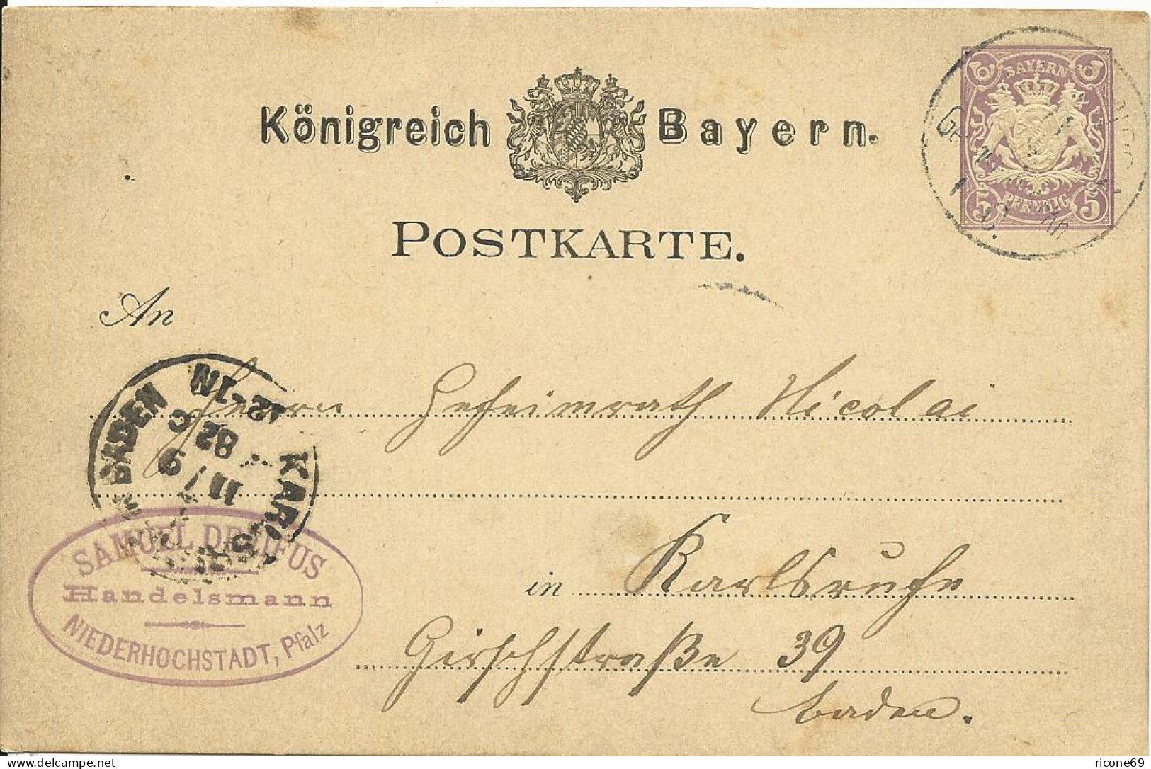 DR 1882, Klaucke Nr.83 "Karlsruhe C" Als Ank.Stpl. Auf Ga. V. Niederhochstadt  - Storia Postale