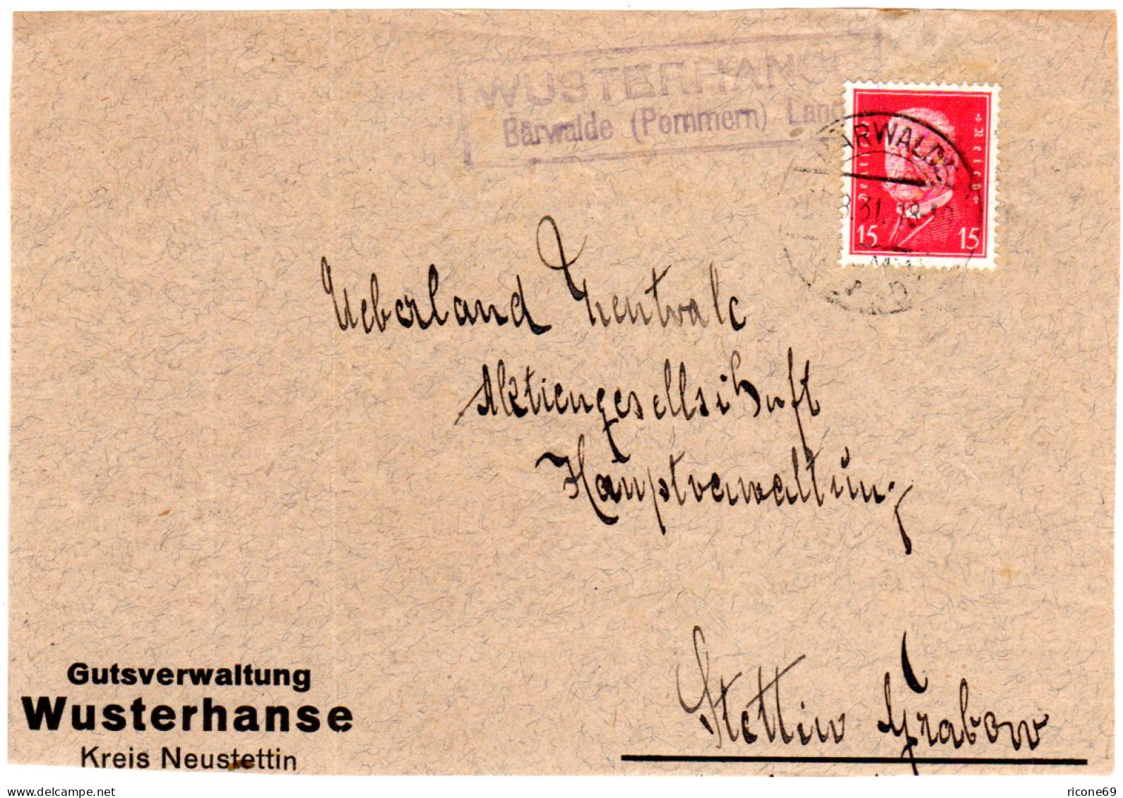 DR 1931, Landpoststempel WUSTERHANSE Bärwalde Land Auf Briefteil M. 15 Pf. - Cartas & Documentos