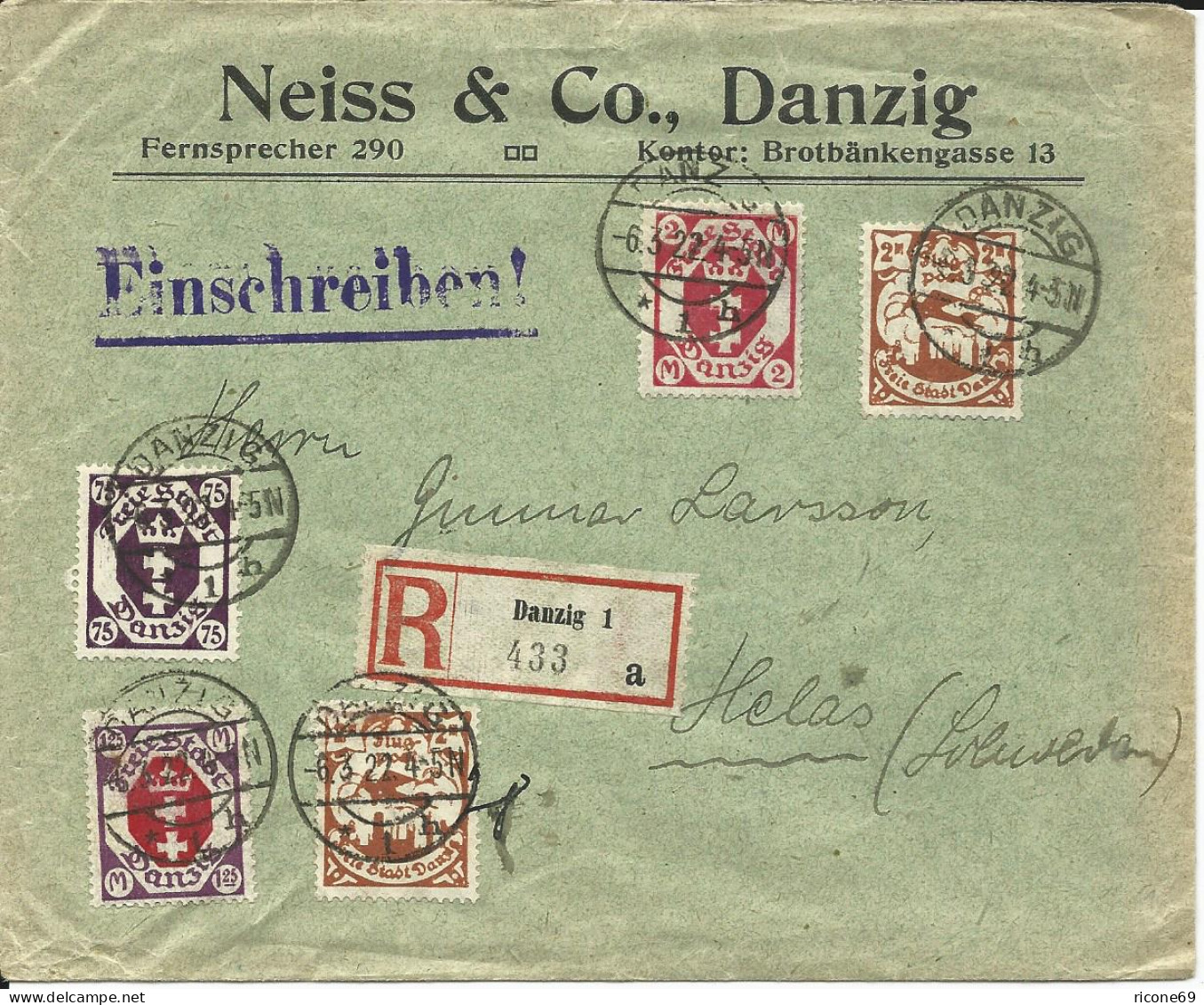 Danzig 1922, 5 Marken Auf Firmen Einschreiben Brief N. Schweden - Other & Unclassified