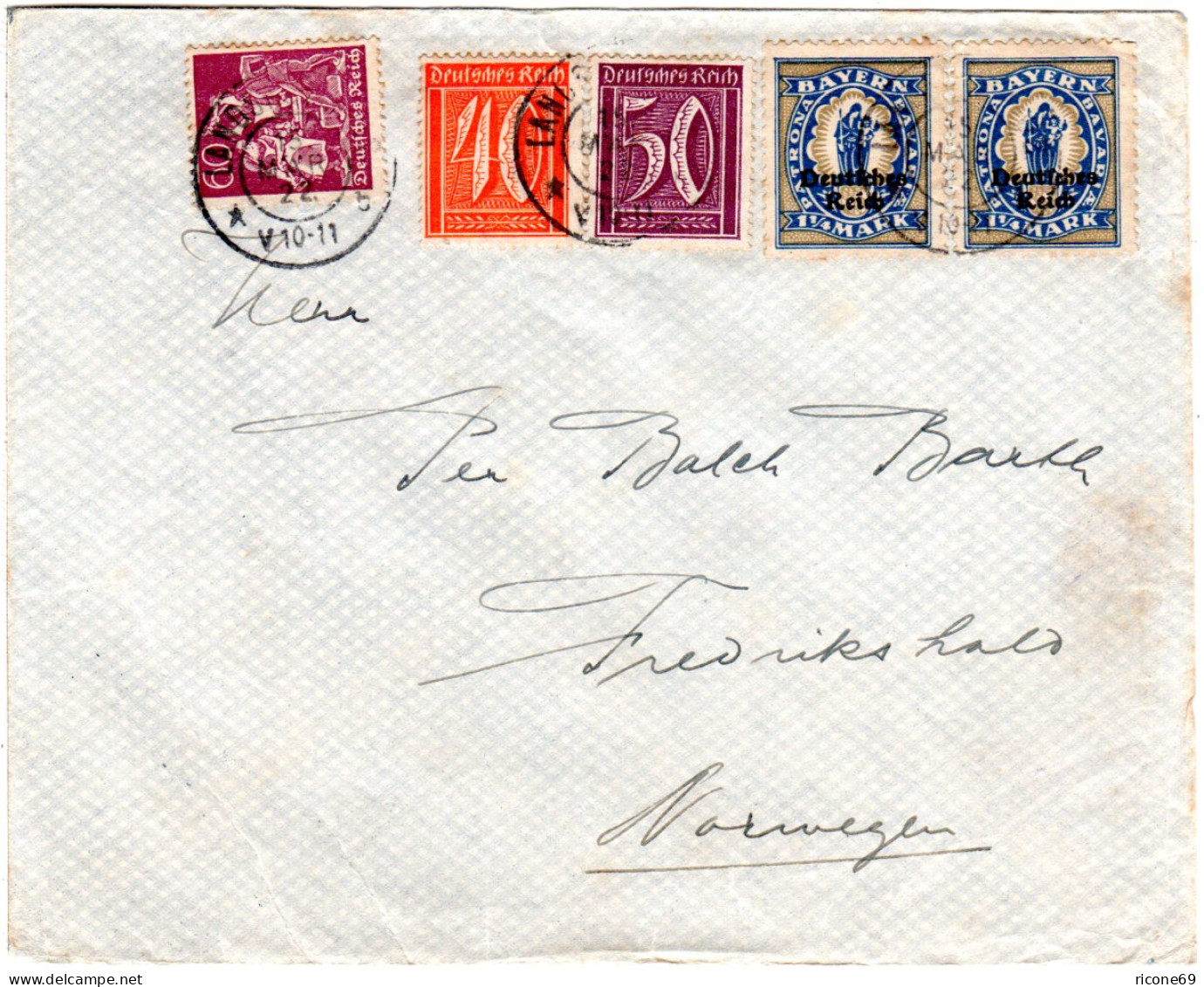 DR 1922, Portorichtiger Brief M. 5 Marken V. Landshut N. Norwegen - Lettres & Documents