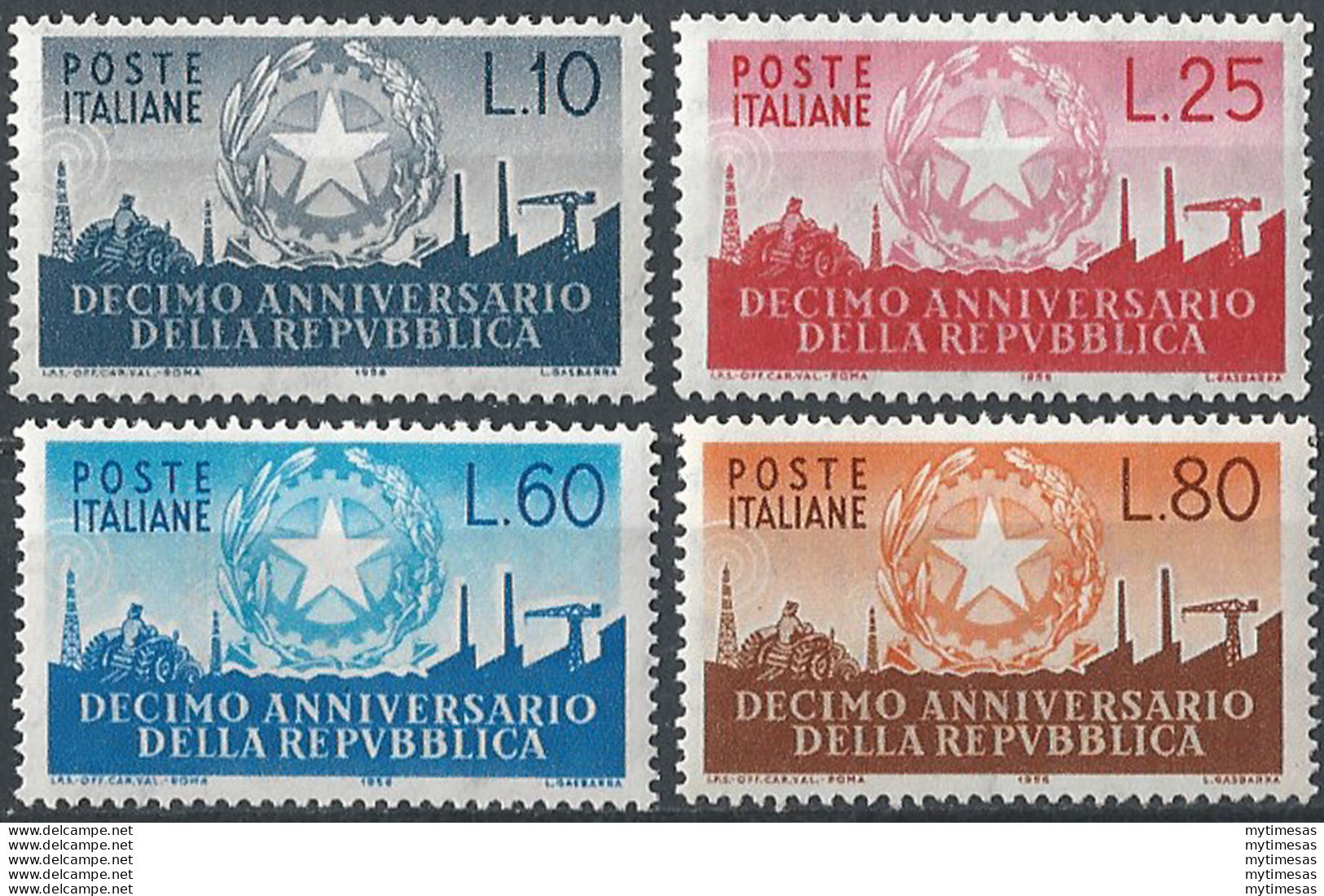 1956 Italia 10° Ann. Repubblica 4v. MNH Sass. 798/801 - 1961-70: Nieuw/plakker