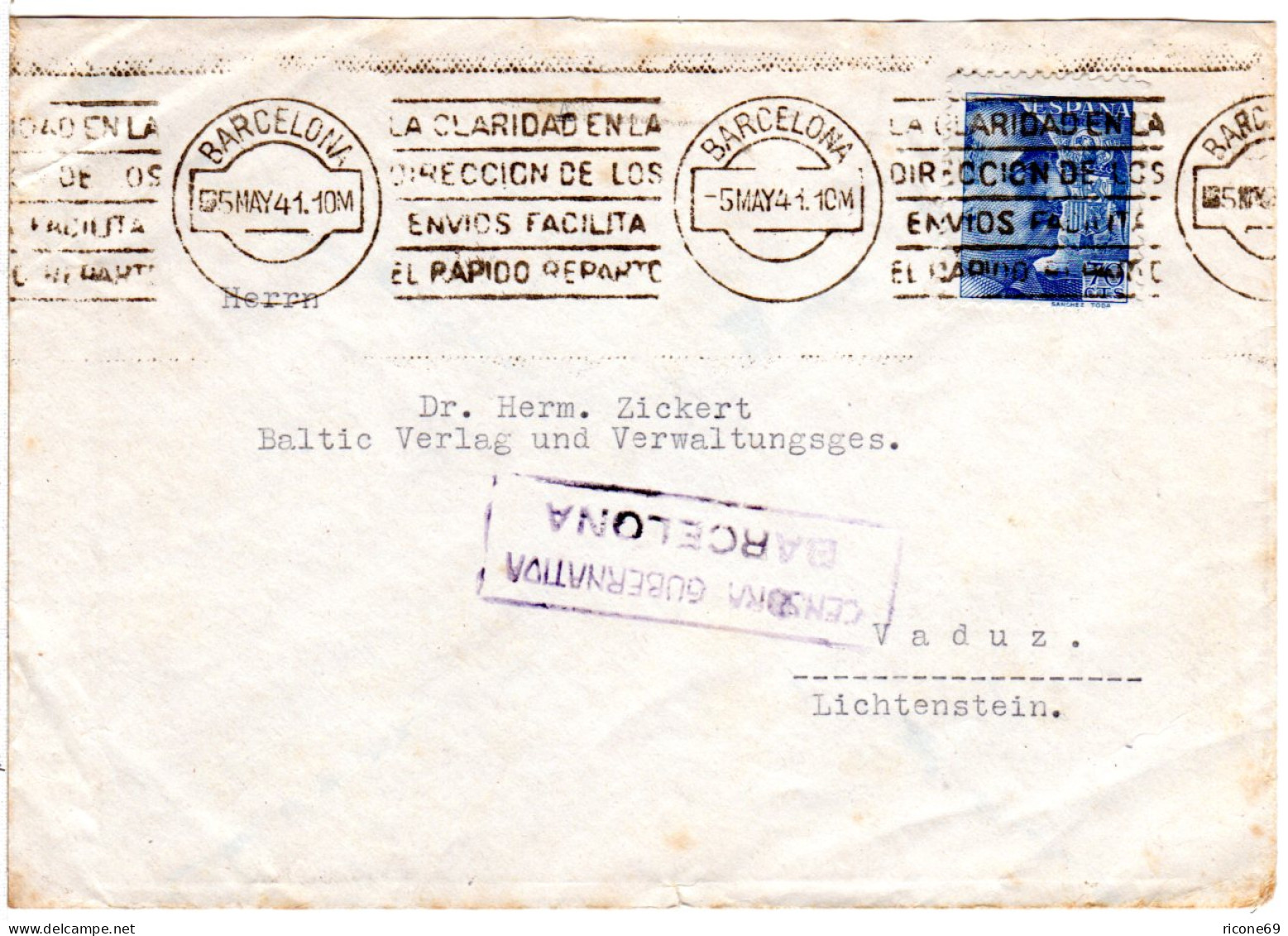 Spanien 1941, 70 C. Auf Zensur Brief N. Vaduz, Liechtenstein. Destination! - Briefe U. Dokumente