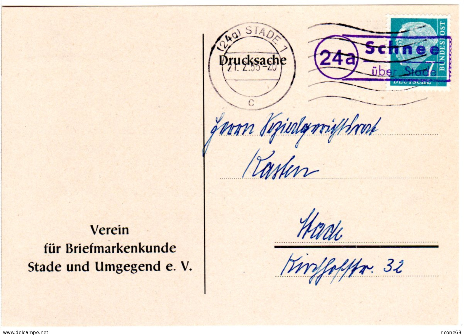 BRD 1955, Landpost Stpl. 24a SCHNEE über Stade Als Entwerter Auf Karte M. 7 Pf.  - Brieven En Documenten