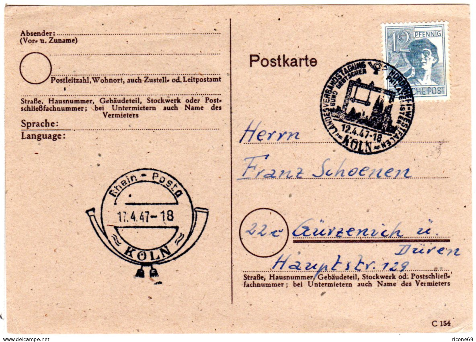1947, BDPh Landesverbandstagung NRW, Köln Sonderstempel Auf Karte M. 12 Pf. - Filatelistische Tentoonstellingen