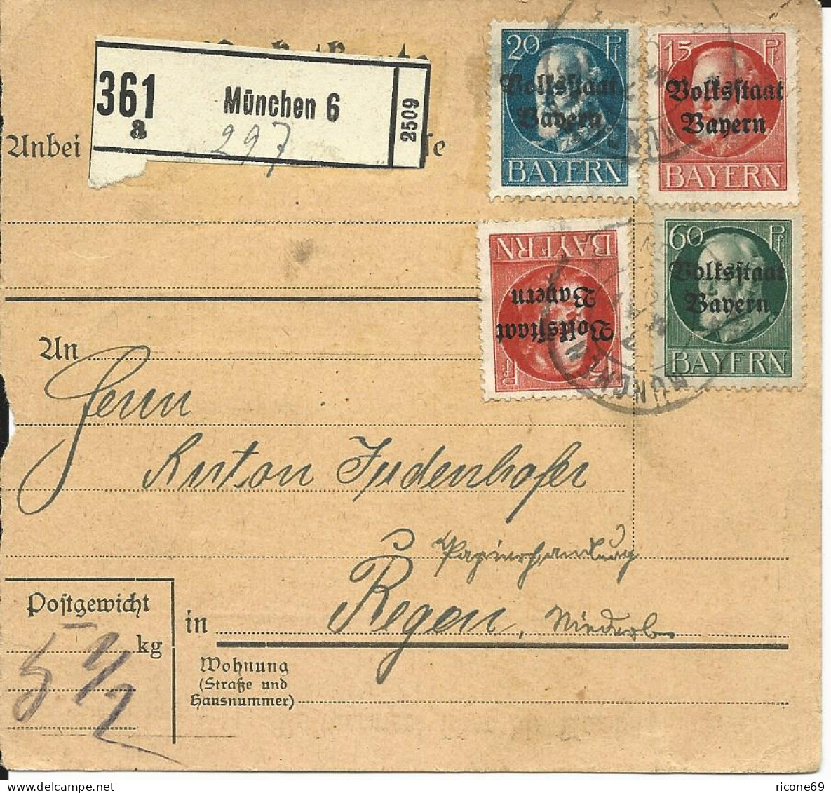 Bayern 1919, 4 Werte Volksstaat Auf Paketkarte V. München 6 N. Regen. - Briefe U. Dokumente