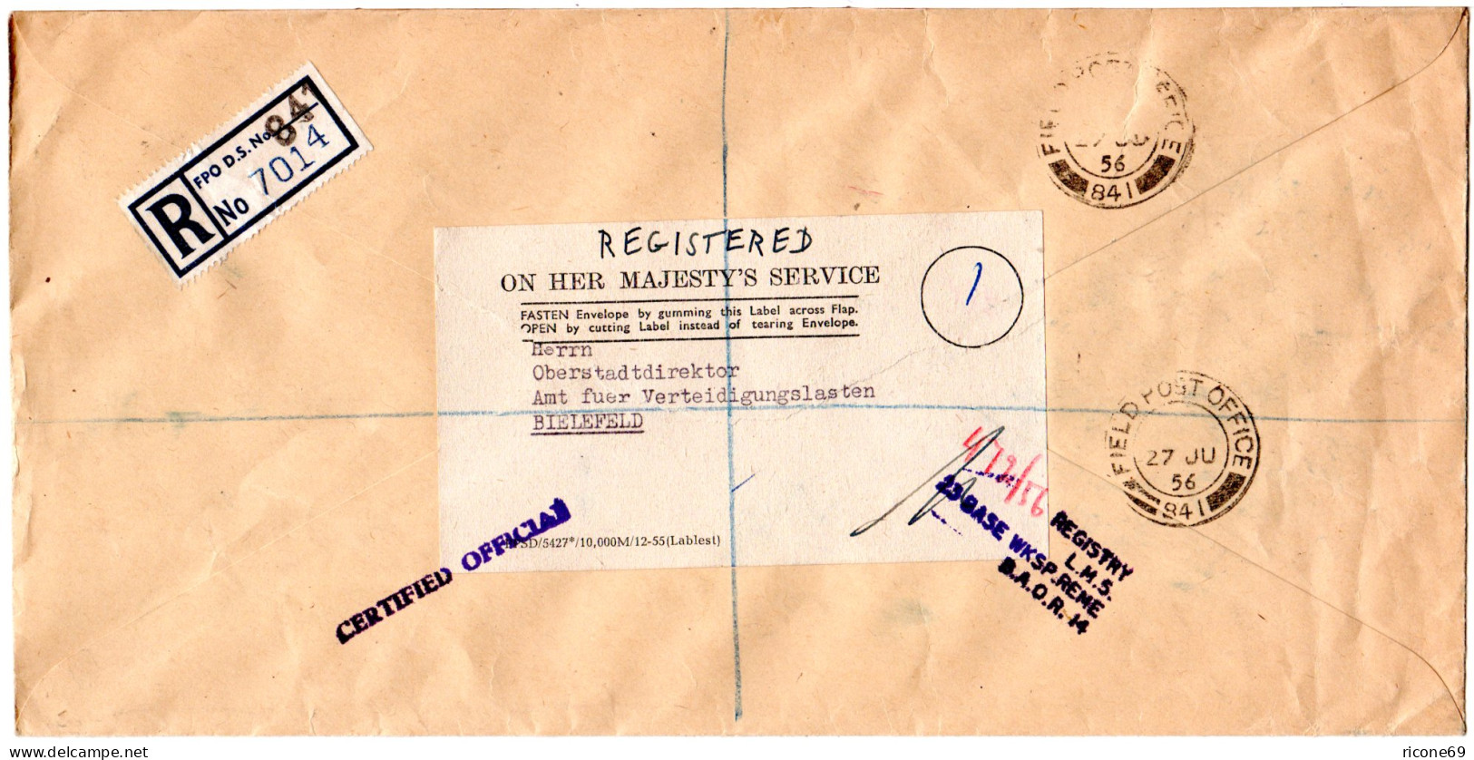 GB 1956, FPO 84 I, Registered Letter To A German Defense Office In Bielefeld - Autres & Non Classés