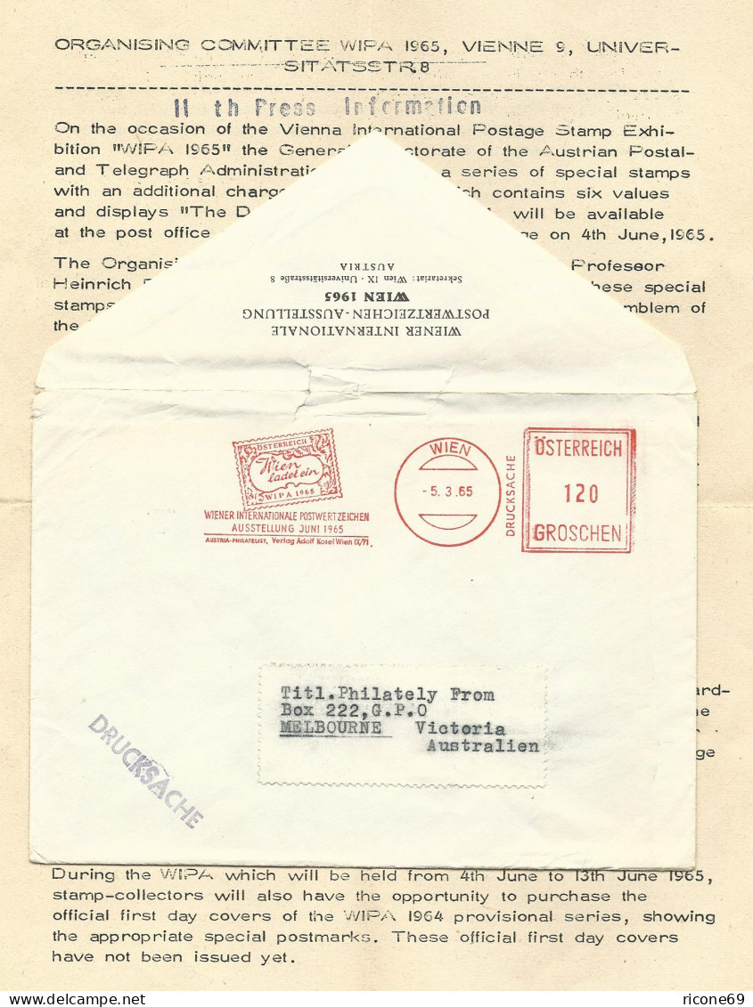 Österreich WIPA 1965, Offiz. Brief M. Sonderstpl. + Eintrittskarte N. Australien - Storia Postale