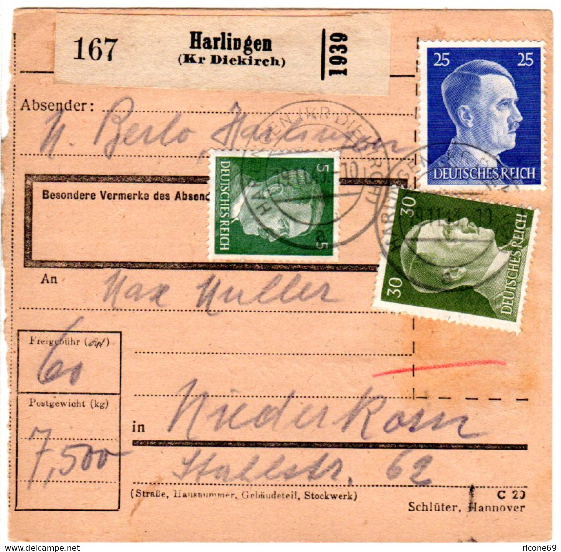 Luxemburg DR 1943, 3 Marken Auf Paketkarte V. Harlingen M. Rs. Zustellgebühr-L2 - Besetzungen 1938-45