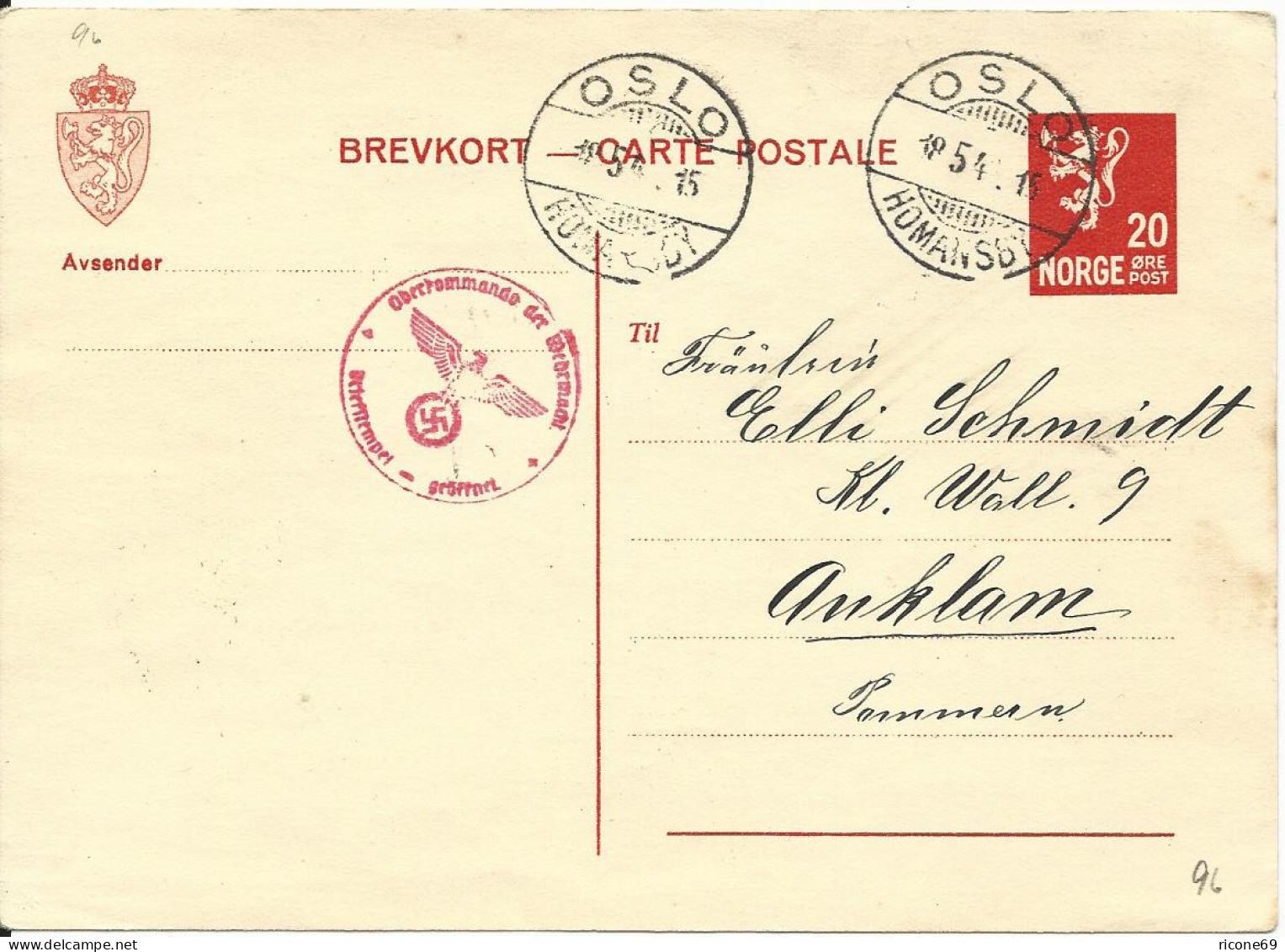 Norwegen P86, 20 öre Ganzsache M. Zensur 1940 V. Oslo N. Deutschland - Covers & Documents