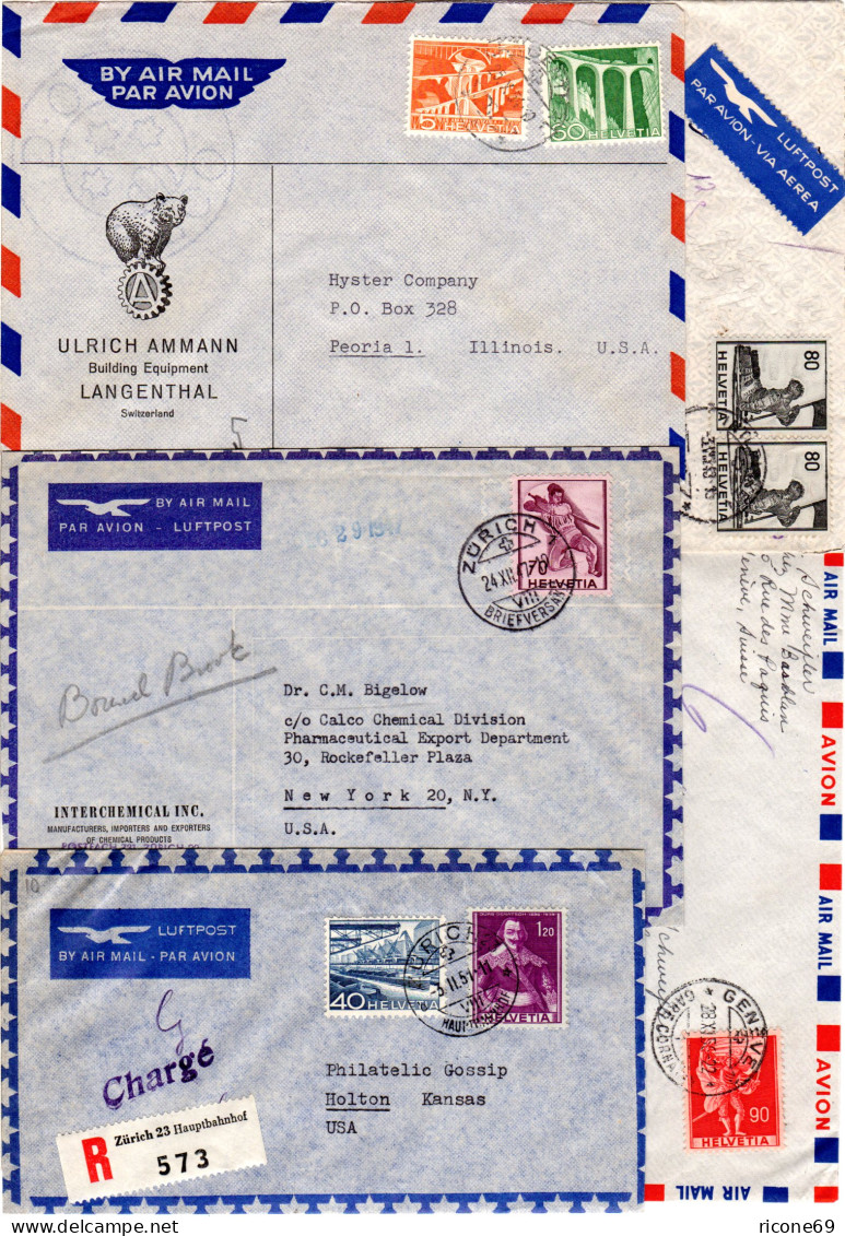 Schweiz 1947/56, 5 Luftpost Briefe N. USA M. Versch. Frankaturen, 1mal Reko! - Briefe U. Dokumente