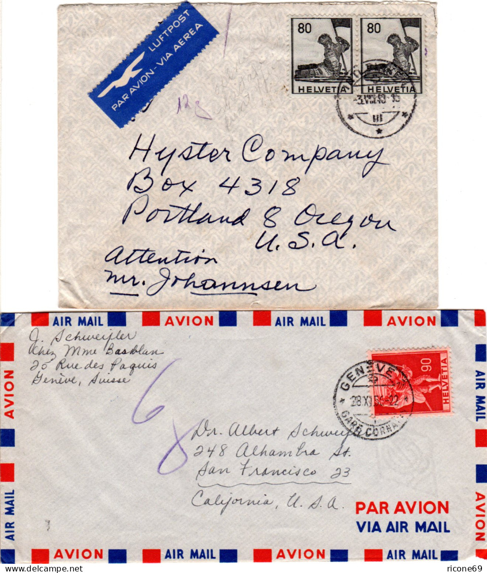 Schweiz 1947/56, 5 Luftpost Briefe N. USA M. Versch. Frankaturen, 1mal Reko! - Cartas & Documentos