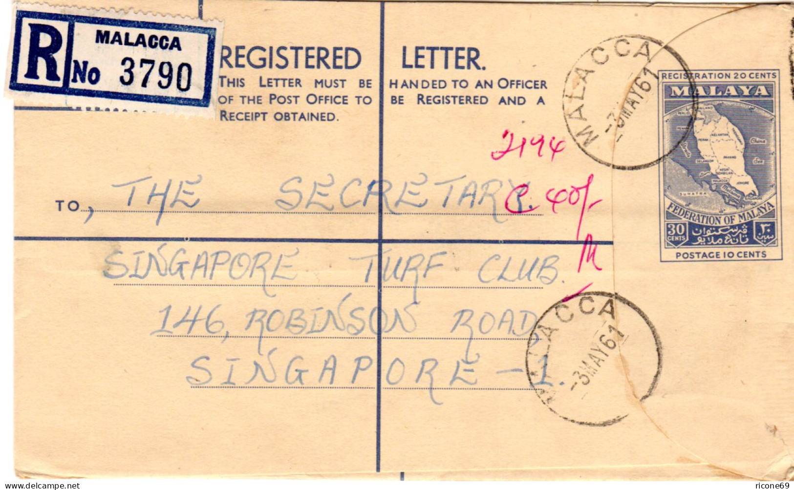 Malaya, 30 C. Einschreiben Ganzsache Brief V. MALACCA N. Singapore. Straits Map. - Maleisië (1964-...)