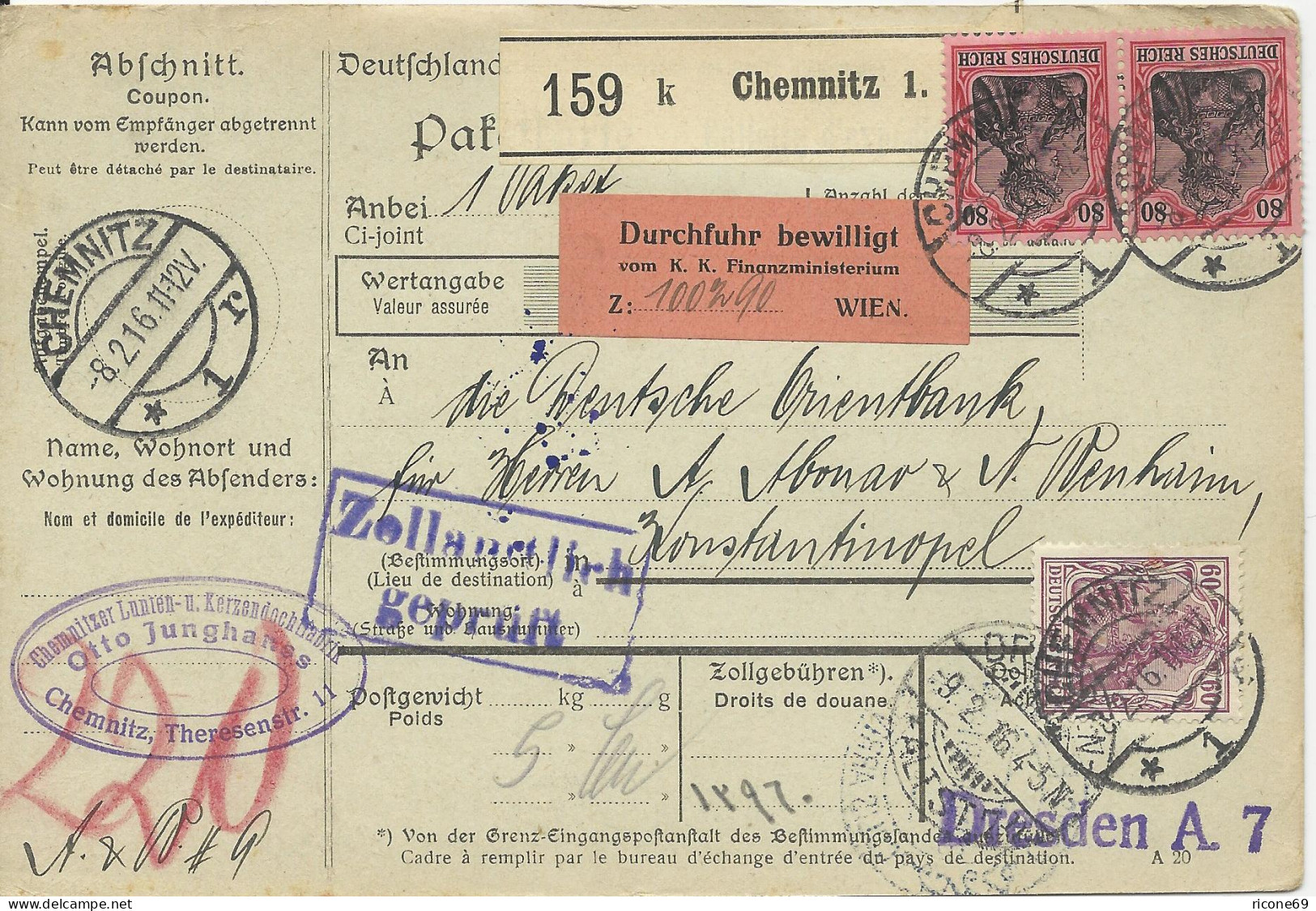 DR 1916, Paketkarte V. Chemnitz M. Österreich Durchfuhrbewilligung I.d. Türkei. - Briefe U. Dokumente