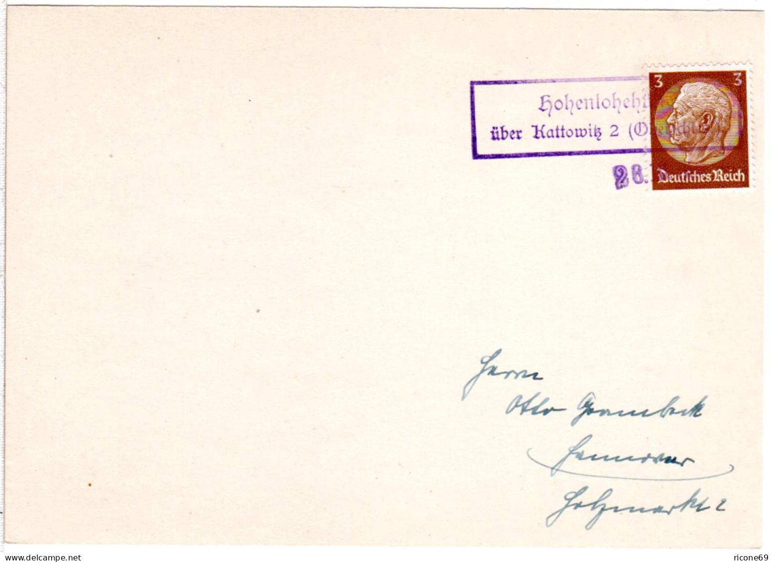 DR 1939, Landpost Stpl. HOHENLOHEHÜTTE über Kattowitz Auf Karte M. 3 Pf.  - Briefe U. Dokumente