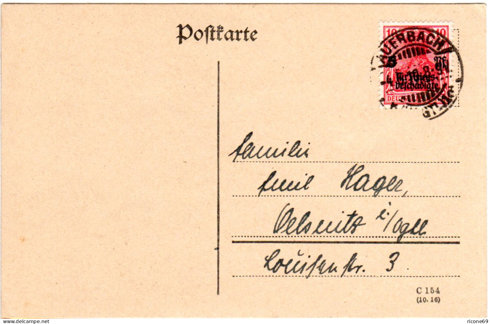 DR 1919, 10+5 Pf. Kriegsbeschädigten Marke Auf Karte V. AUERBACH - Briefe U. Dokumente