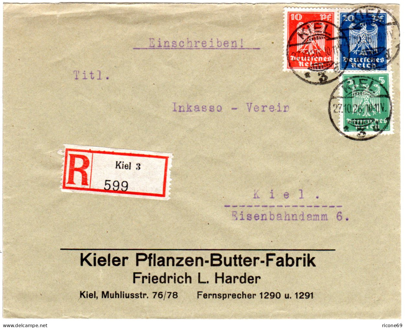 DR 1926, 5+10+20 Pf. Auf Orts-Einschreiben Brief V. Kiel 3 - Brieven En Documenten