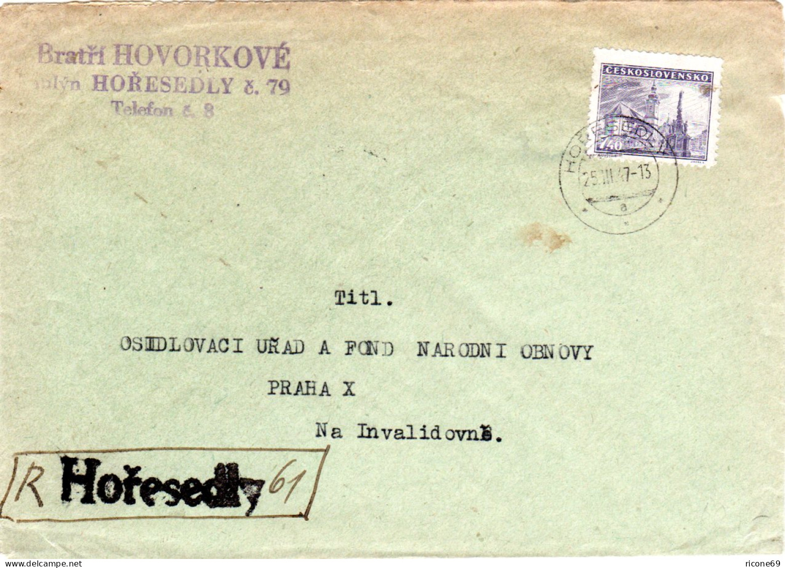 Tschechoslowakei 1947, 7,40 K. Auf Einschreiben Brief M. Horesedly Not-R-Stempel - Lettres & Documents