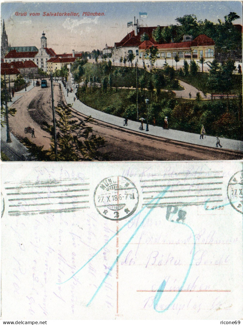 München, Gruß Vom Salvatorkeller, 1918 Gebr. Farb-AK M. Portostempel P.8 - Covers & Documents