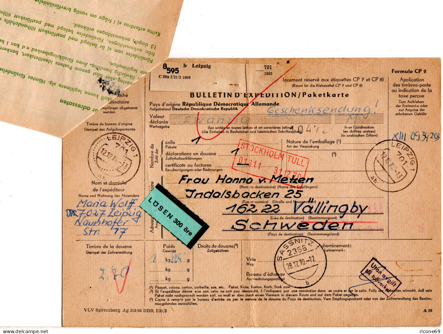 DDR 1970, Paketkarte V. Leipzig M. Schweden Lösen-label U. 3 Kr. Als Portomarke - Lettres & Documents