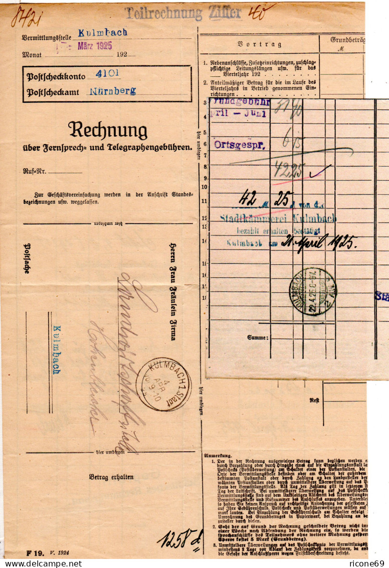 DR 1925, Rechnung Telefongebühren, Postformular M. 2 Stempeln V. Kulmbach - Cartas & Documentos