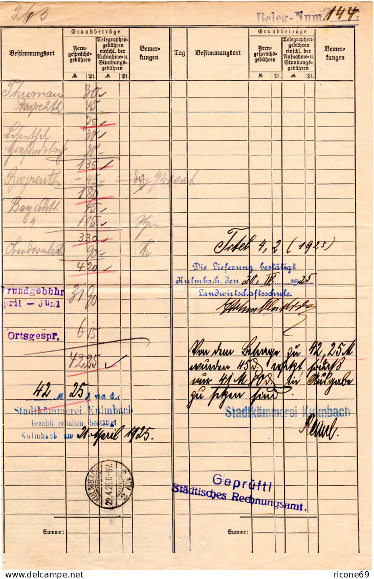 DR 1925, Rechnung Telefongebühren, Postformular M. 2 Stempeln V. Kulmbach - Lettres & Documents