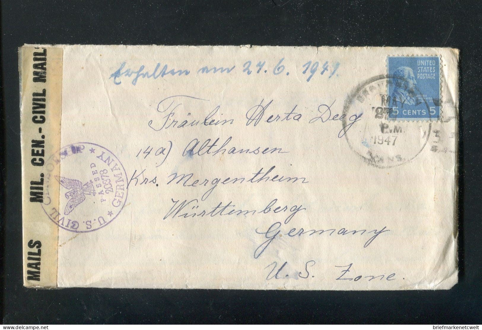 "USA" 1947, Brief Mit "ZENSUR" (Zensurstempel Und Zensurbanderole) Nach Deutschland (B1186) - Brieven En Documenten