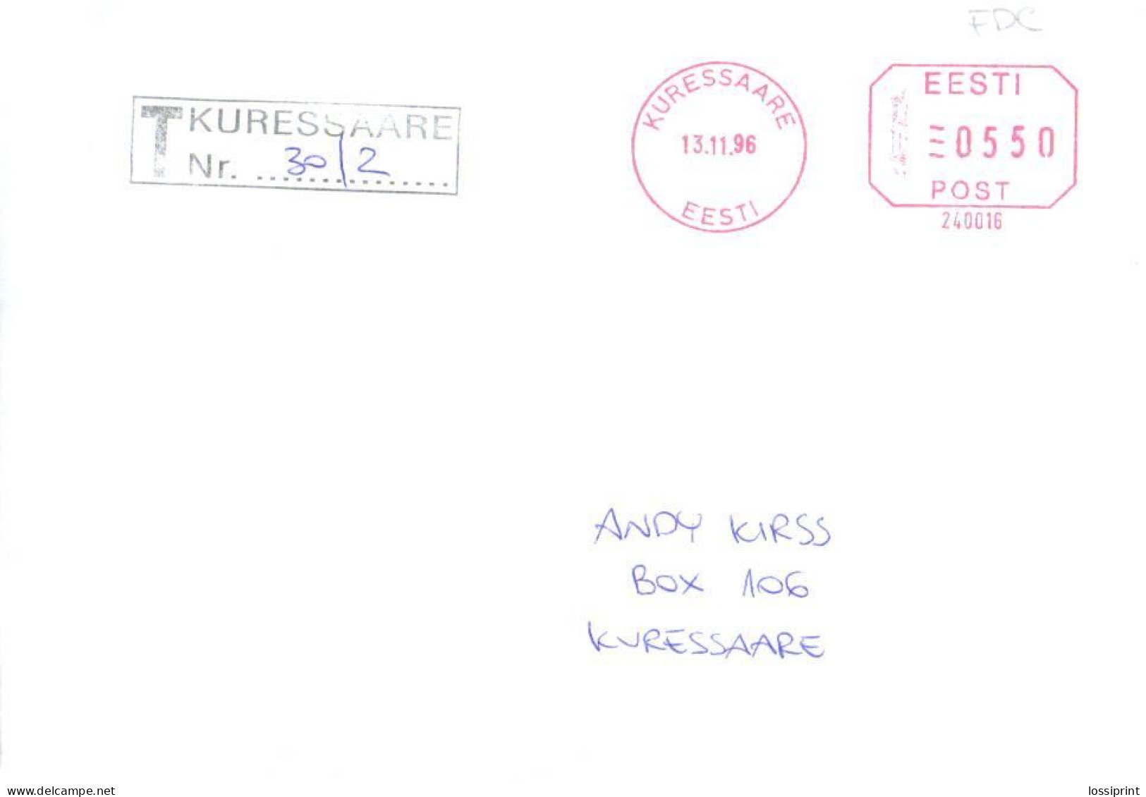 Estonia:FDC, Kuressaare Machine Cancellation, Registered Letter 5.50, 1996 - Estonia
