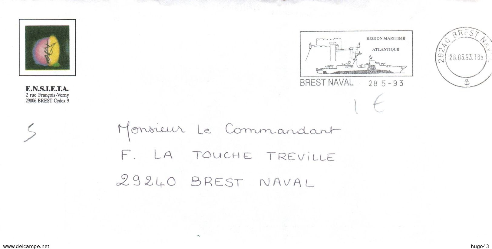 ENVELOPPE AVEC FLAMME BREST NAVAL LE 28/5/1993 E.N.S.I.F.E.T.A.BREST LE 28/5/1993 - Naval Post