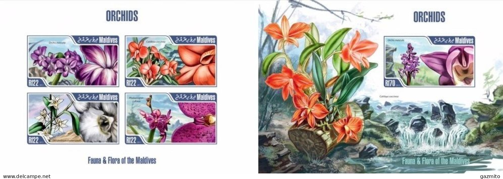 Maldives 2013, Orchids, 4val In BF +BF IMPERFORATED - Malediven (1965-...)