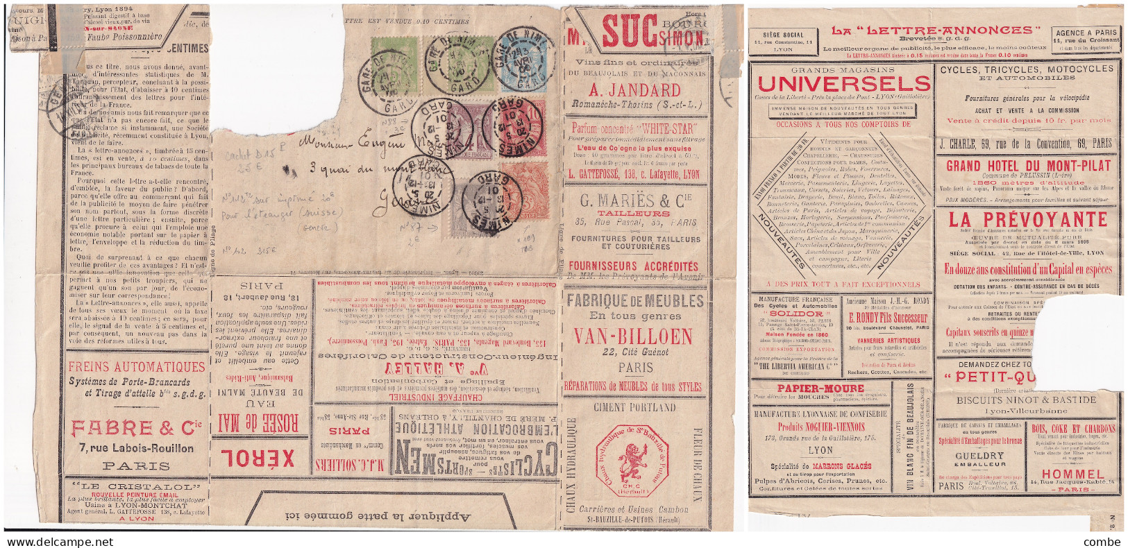 ENTIER POSTAL. SAGE 15c. LA LETTRE-ANNONCES. AVEC AFFRANCHISSEMENT MULTIPLE. NIMES. 13 12 01 POUR GENEVE 14 XII 01 - Standard Covers & Stamped On Demand (before 1995)