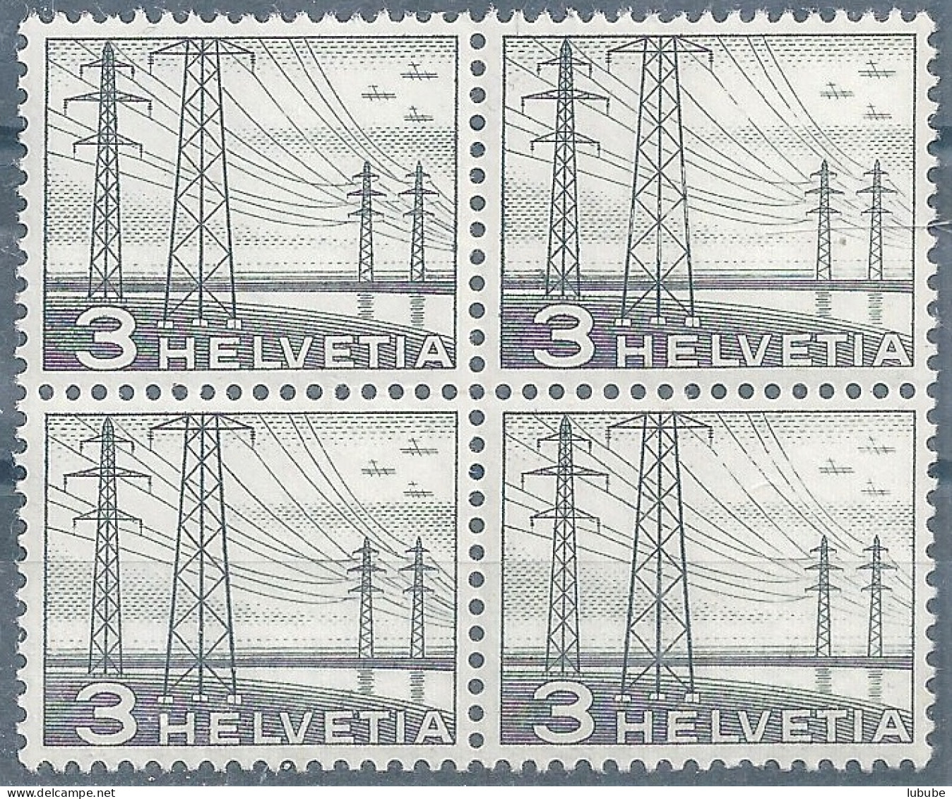 Hochspannungsleitung 297, 3 Rp.schwarz **  (Viererblock)        1949 - Unused Stamps