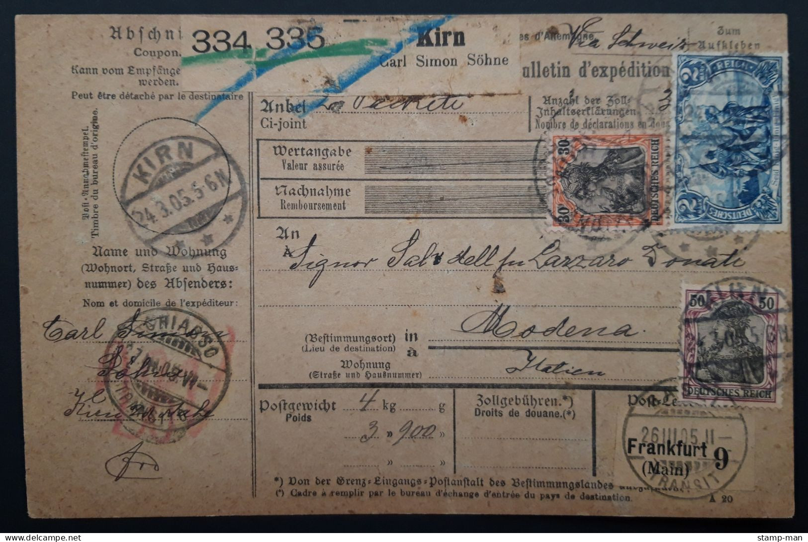 Deutsches Reich. 1905. Paketkarte Kirn-Modena (Italien). MiF MiNr 74, 76 Und 82B. - Briefe U. Dokumente