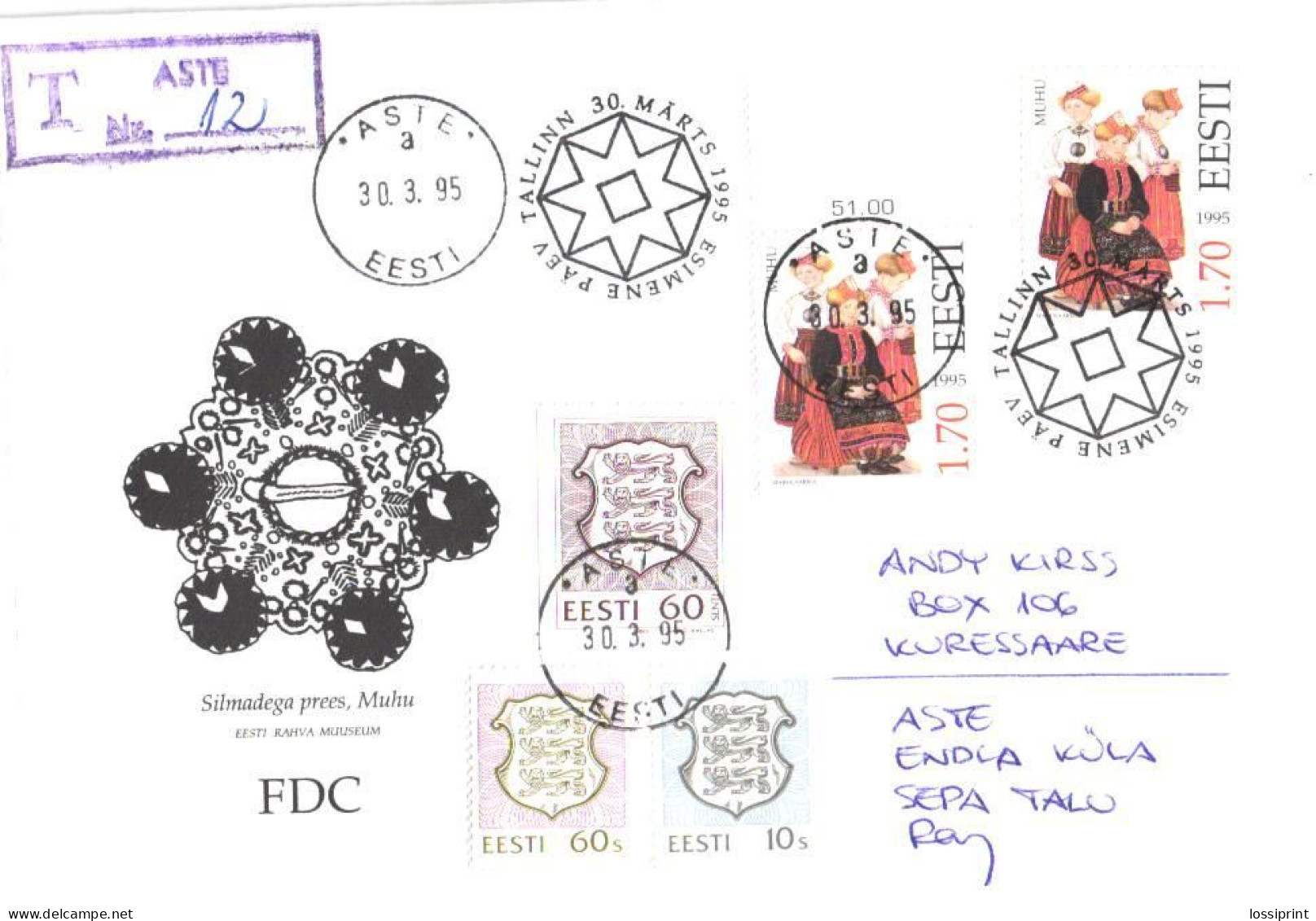 Estonia:FDC, Muhu Island National Costumes, Registered Letter, Aste Cancellation, 1995 - Estonie