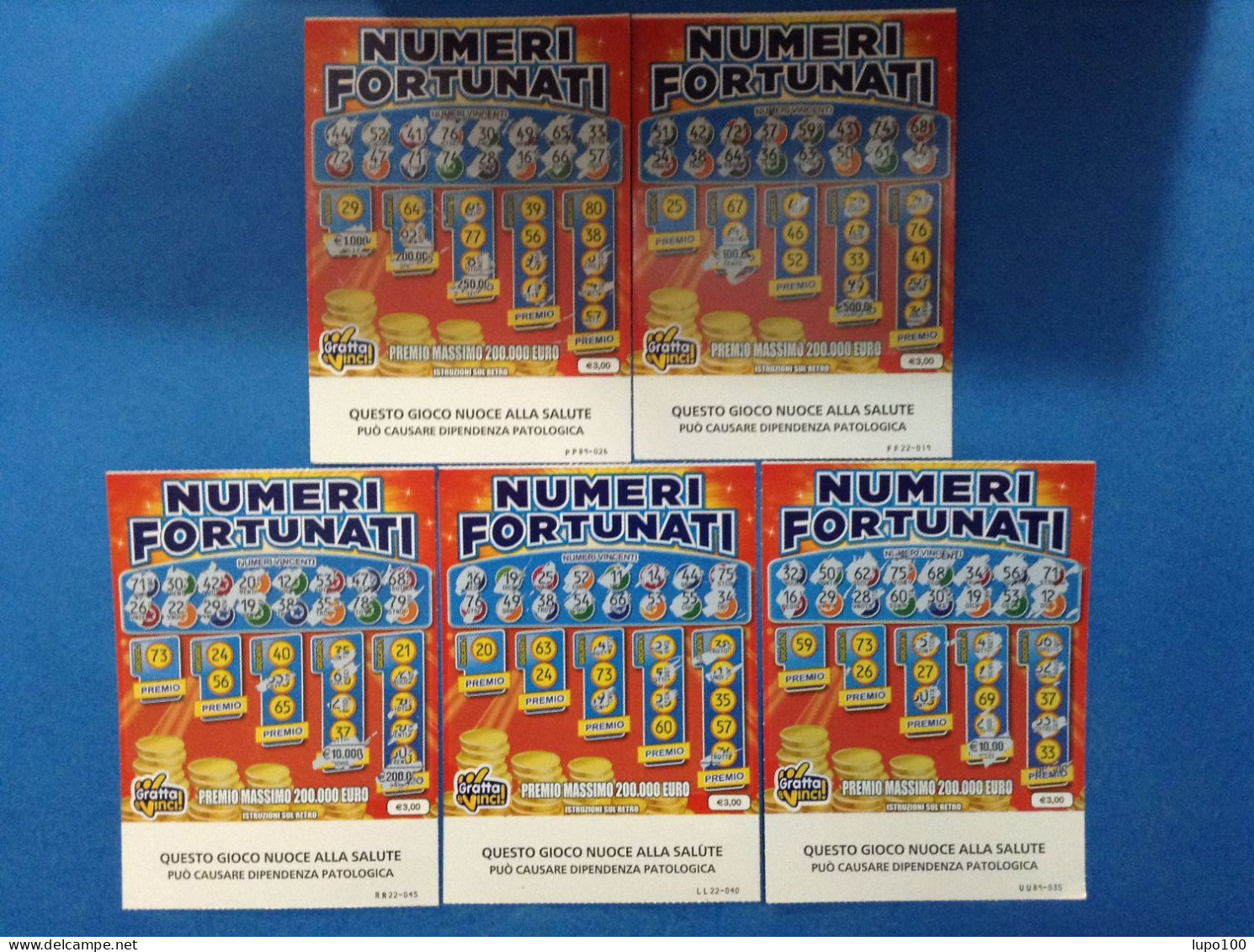 5 Biglietti Lotteria Gratta E Vinci Numeri Fortunati Lotto 3049 Sigla FF LL PP RR UU Variante FSC Cartone .... - Lottery Tickets