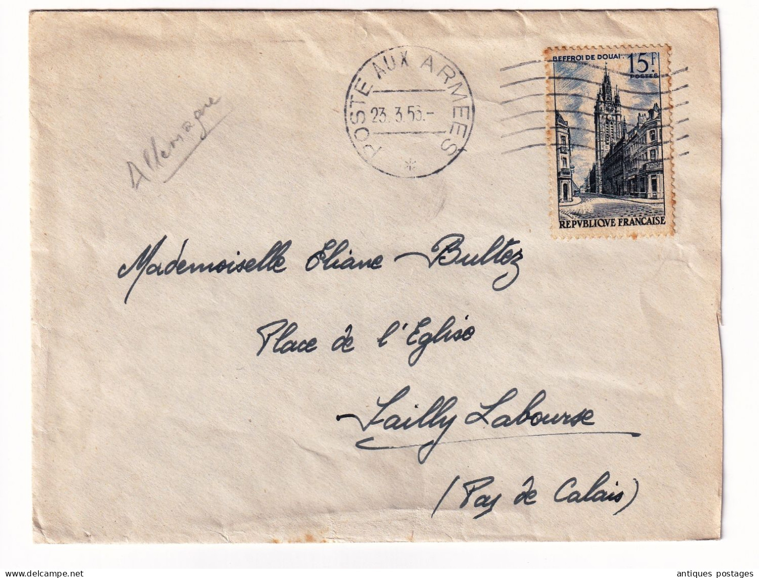 Poste Aux Armées 1953 Allemagne Mayence Secteur Postal 64454 Mainz Timbre  Beffroi De Douai  + Correspondance - Militärstempel Ab 1900 (ausser Kriegszeiten)