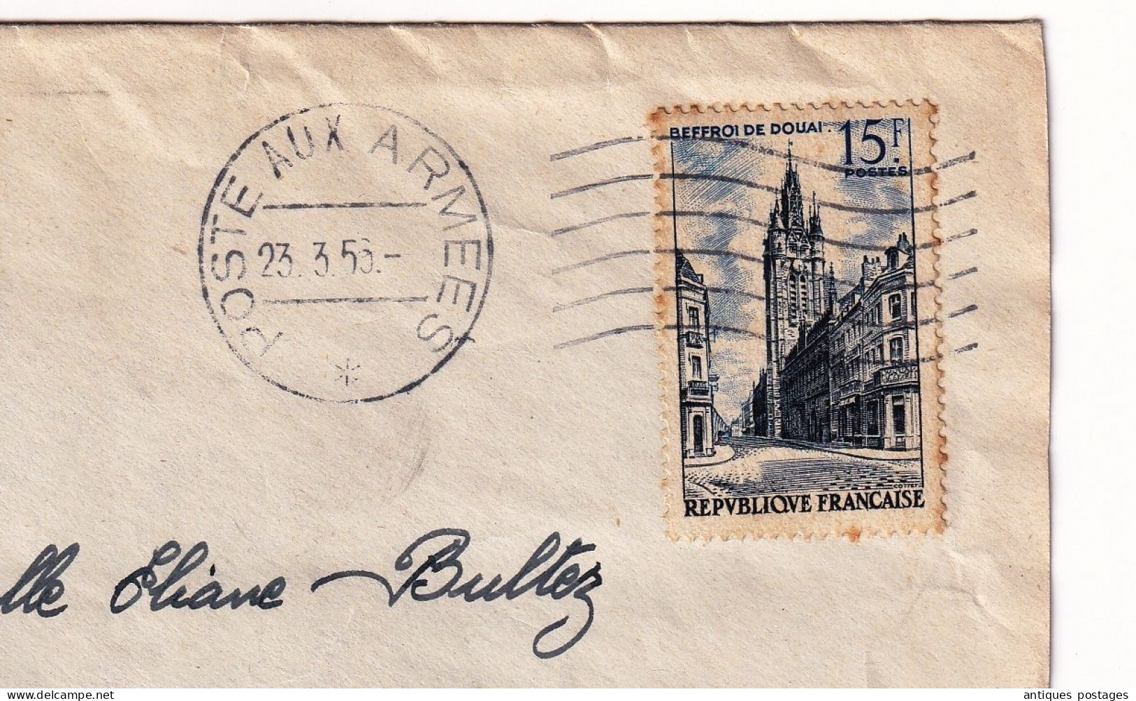 Poste Aux Armées 1953 Allemagne Mayence Secteur Postal 64454 Mainz Timbre  Beffroi De Douai  + Correspondance - Bolli Militari A Partire Dal 1900 (fuori Dal Periodo Di Guerra)