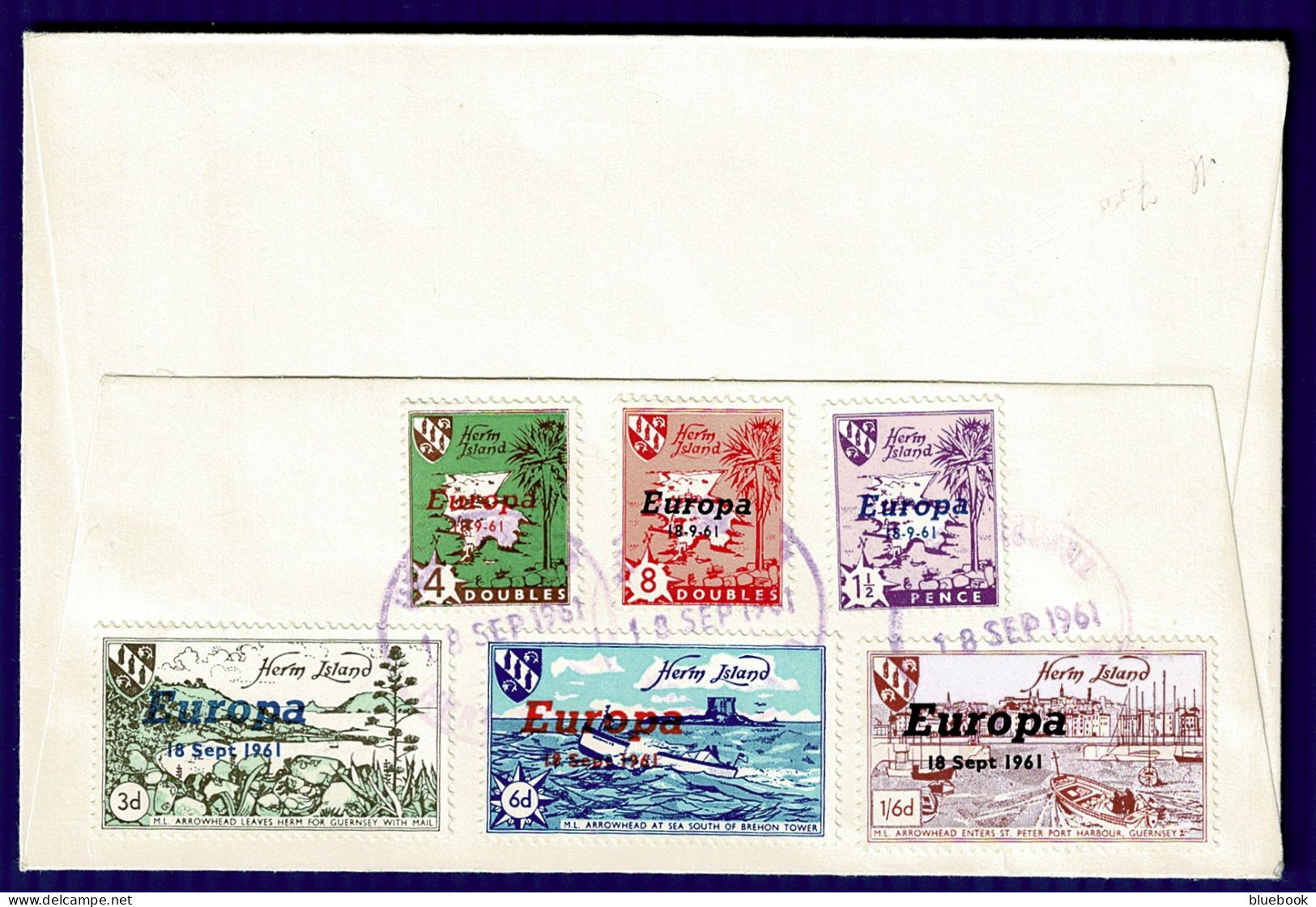 Ref 1649 - 1961 FDC Cover Herm Island To Guernsey - Europa Set Of Stamps On Reverse - Guernsey