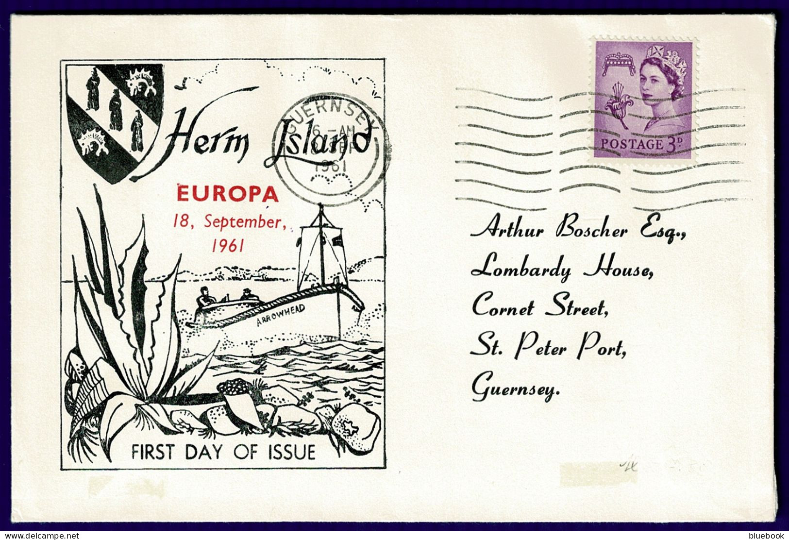 Ref 1649 - 1961 FDC Cover Herm Island To Guernsey - Europa Set Of Stamps On Reverse - Guernsey