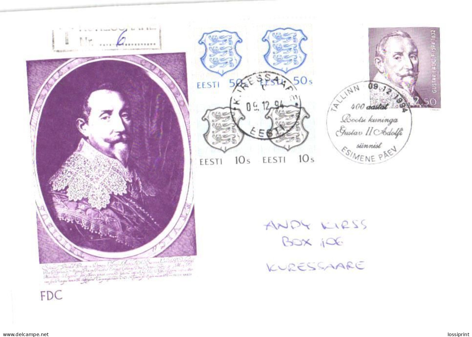 Estonia:FDC, 400 Years From Swedish King Gustav II Adolf Birth, Kuressaare Registered Letter, 1994 - Estonie