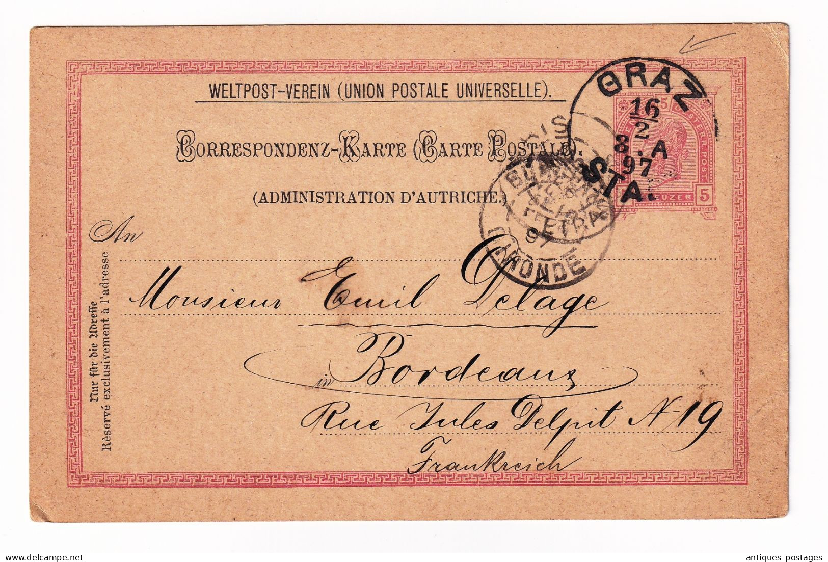 Graz 1897 Österreich Austria Autriche Bordeaux Gironde Union Postale Universelle Weltpost Verein Emile Delage - Briefkaarten