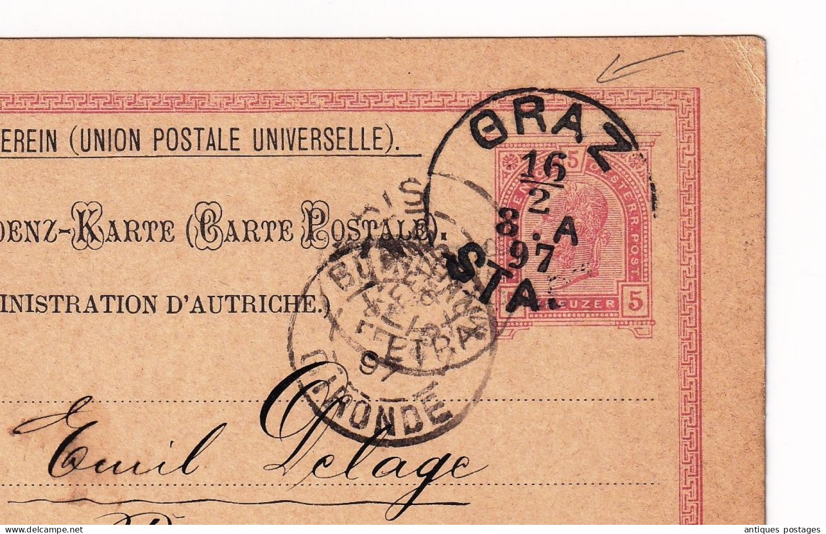 Graz 1897 Österreich Austria Autriche Bordeaux Gironde Union Postale Universelle Weltpost Verein Emile Delage - Tarjetas