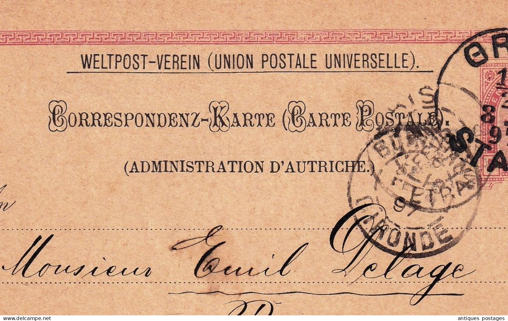 Graz 1897 Österreich Austria Autriche Bordeaux Gironde Union Postale Universelle Weltpost Verein Emile Delage - Postkarten