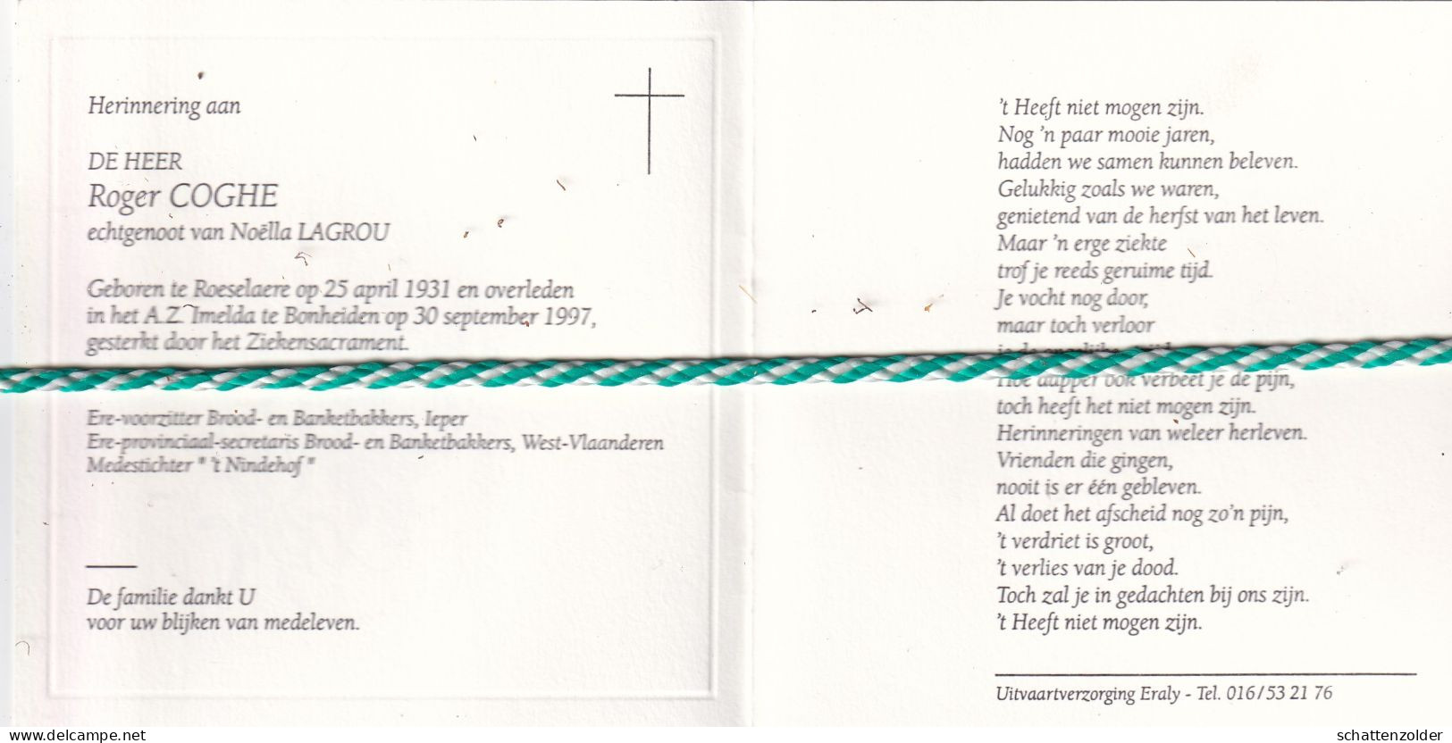 Roger Coghe-Lagrou, Roeselare 1931, Bonheiden 1997. Medestichter "'t Nindehof". Foto Tekening - Obituary Notices